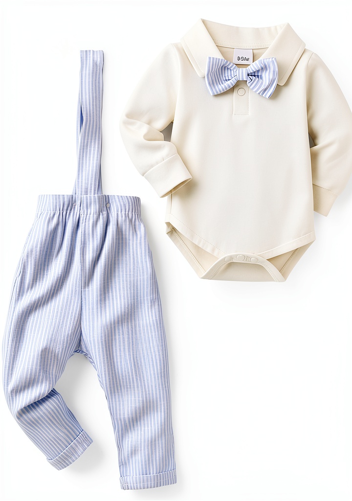 Baby boy wearing cotton blend suspender romper during christening ceremony