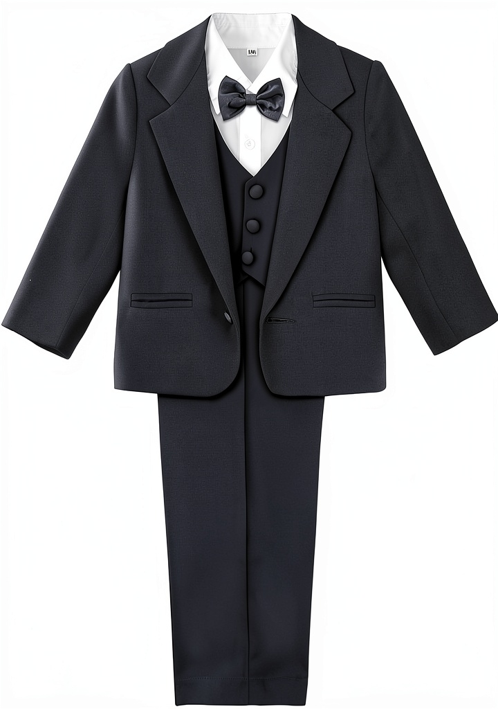 Baby boy wearing navy blue tuxedo set during wedding ceremony